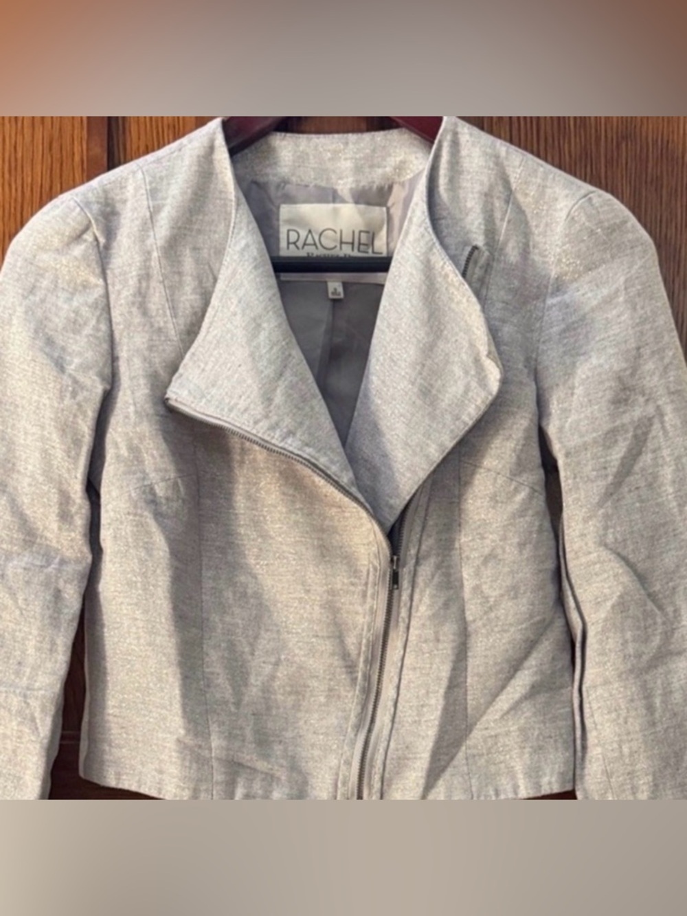 Rachel Roy Asymmetrical Zip Metallic Silver Moto Crop Blazer Jacket Edgy Shimmer